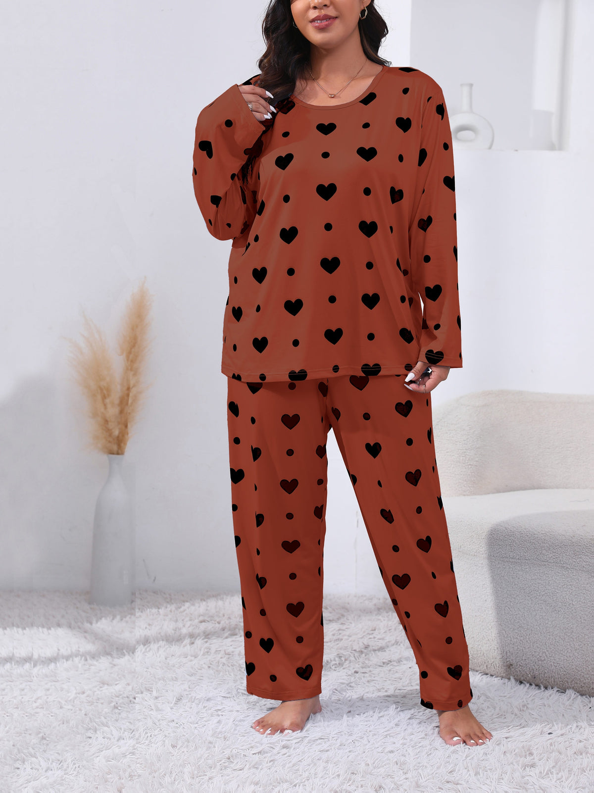 jkthpu-45 Plus Size Cozy Heart Print Pajama Set -