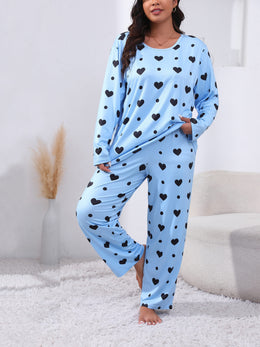 jkthpu-45 Plus Size Cozy Heart Print Pajama Set -
