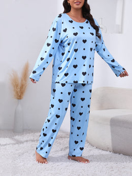 jkthpu-45 Plus Size Cozy Heart Print Pajama Set -