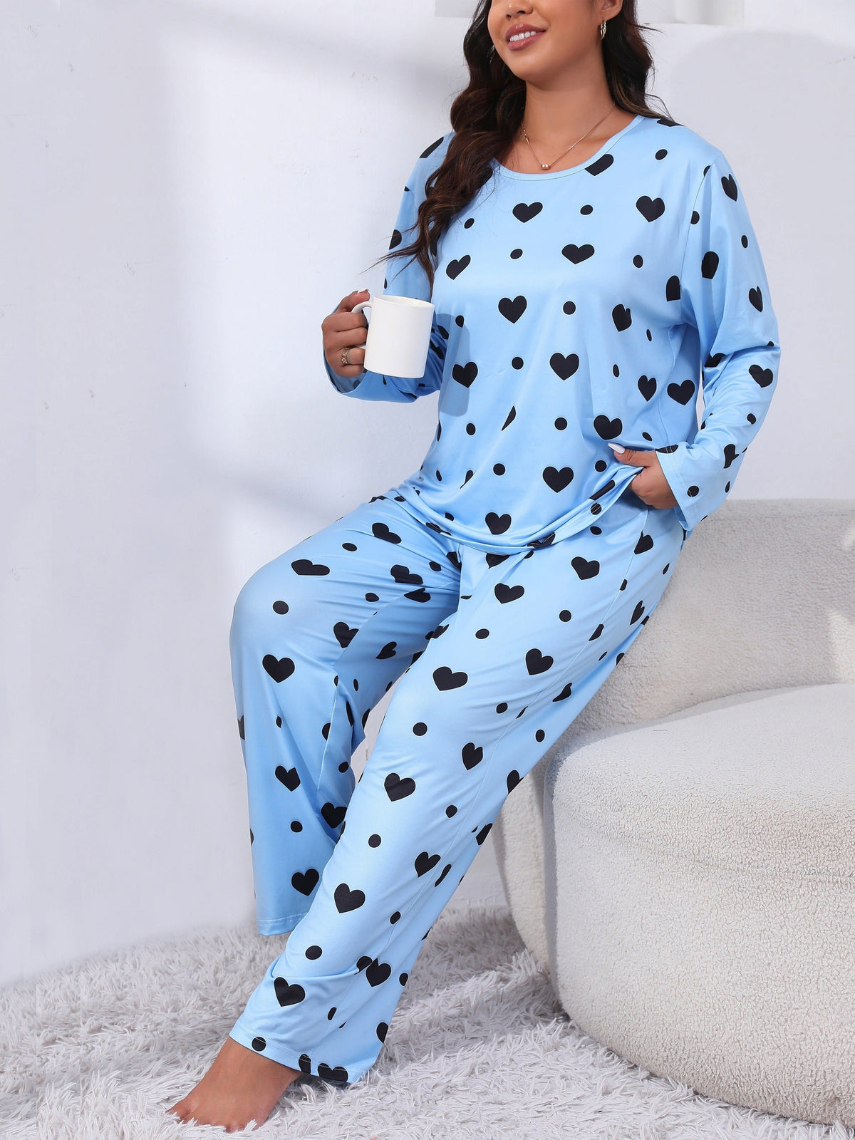 jkthpu-45 Plus Size Cozy Heart Print Pajama Set -