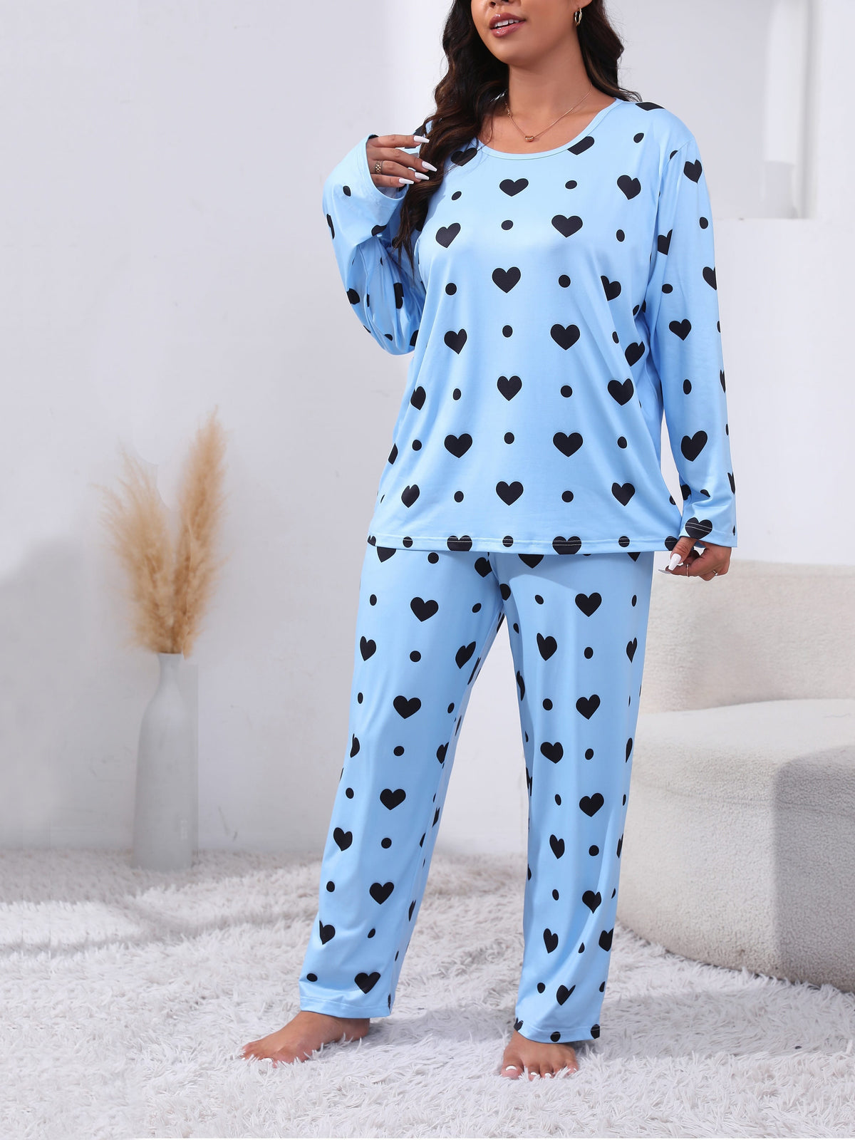 jkthpu-45 Plus Size Cozy Heart Print Pajama Set -