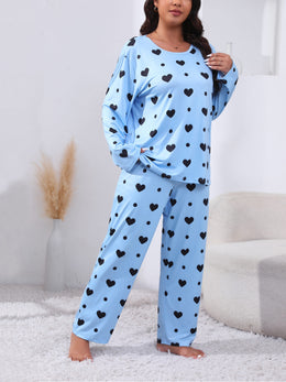 jkthpu-45 Plus Size Cozy Heart Print Pajama Set -