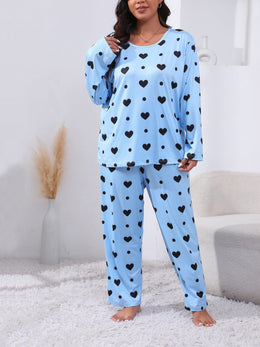 jkthpu-45 Plus Size Cozy Heart Print Pajama Set -