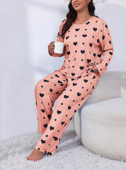 jkthpu-45 Plus Size Cozy Heart Print Pajama Set -