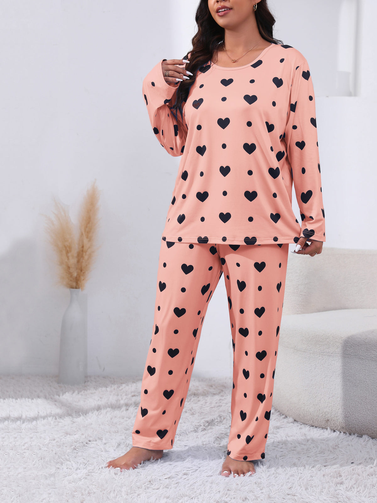 jkthpu-45 Plus Size Cozy Heart Print Pajama Set -
