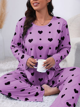 jkthpu-45 Plus Size Cozy Heart Print Pajama Set -