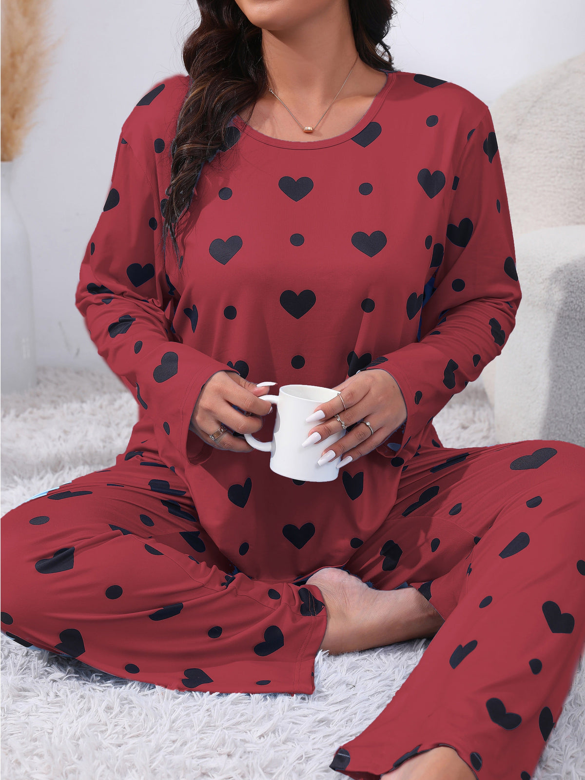 jkthpu-45 Plus Size Cozy Heart Print Pajama Set -