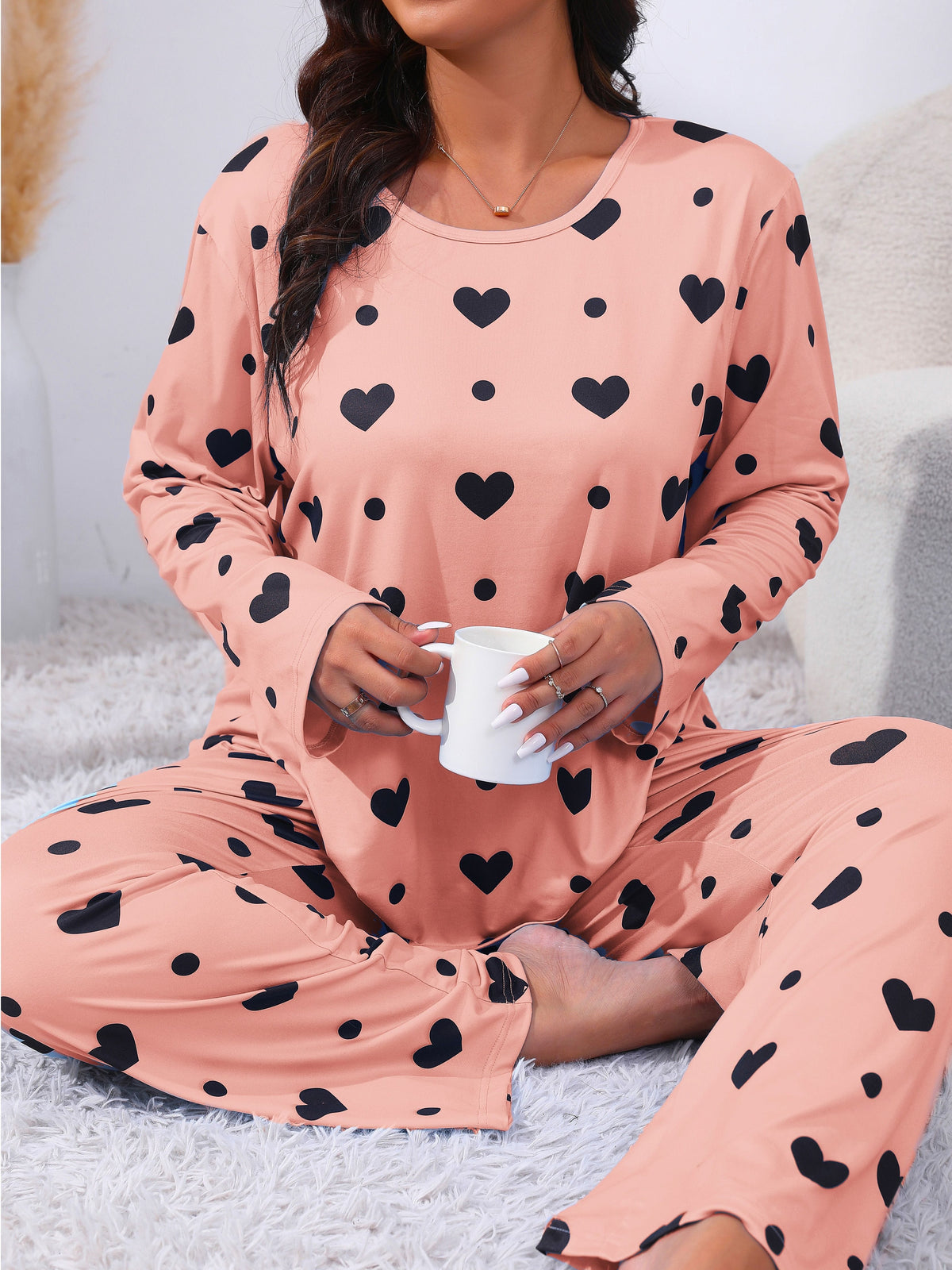 jkthpu-45 Plus Size Cozy Heart Print Pajama Set -