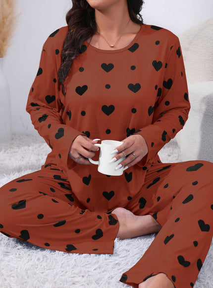 jkthpu-45 Plus Size Cozy Heart Print Pajama Set -