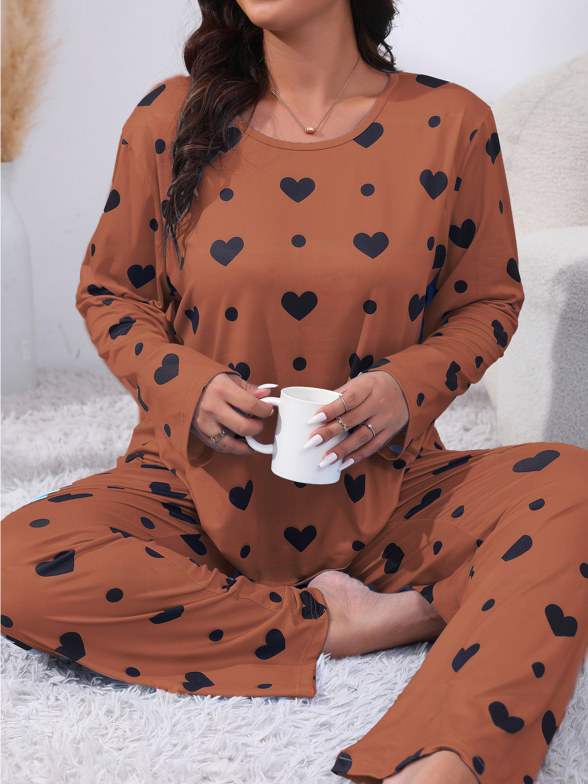 jkthpu-45 Plus Size Cozy Heart Print Pajama Set -