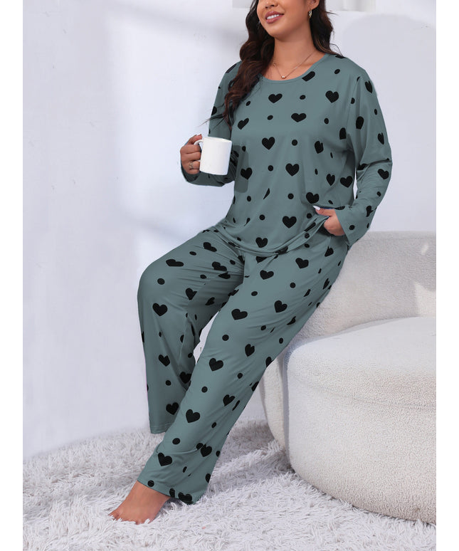 jkthpu-45 Plus Size Cozy Heart Print Pajama Set -