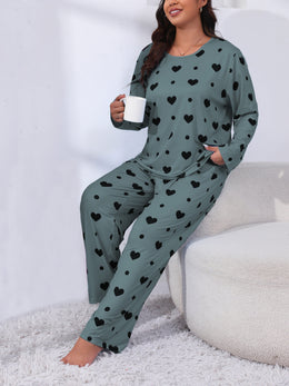 jkthpu-45 Plus Size Cozy Heart Print Pajama Set -