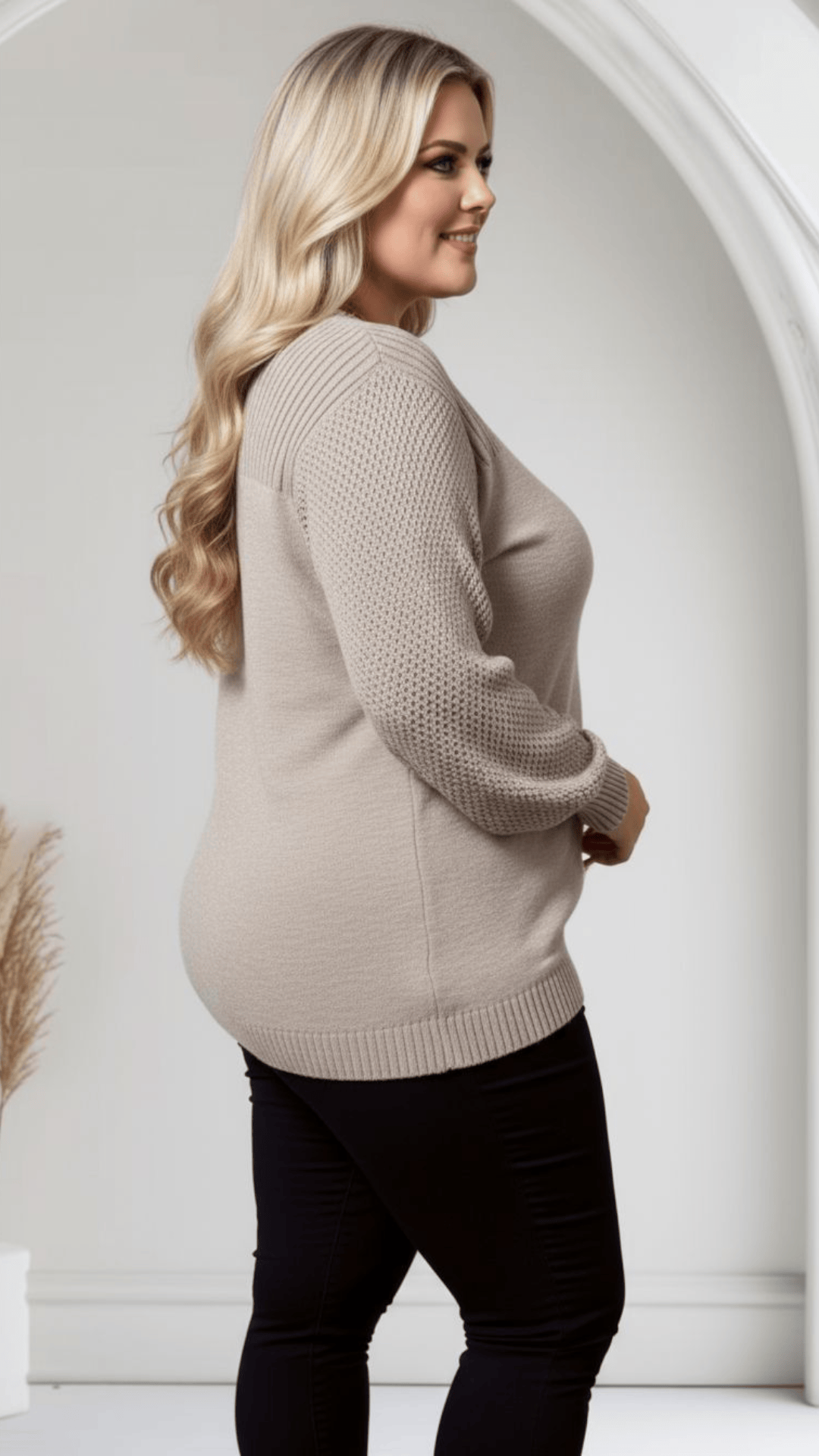 jkthpu-45 Plus Size Cozy Ribbed Crew Neck Pullover Top