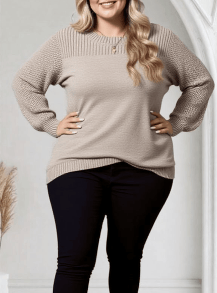 jkthpu-45 Plus Size Cozy Ribbed Crew Neck Pullover Top