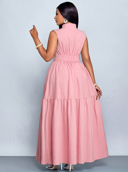 jkthpu-45 Plus Size, Cross-Border European & American Women's Elegant Solid Color Button Sleeveless Waistband Dress