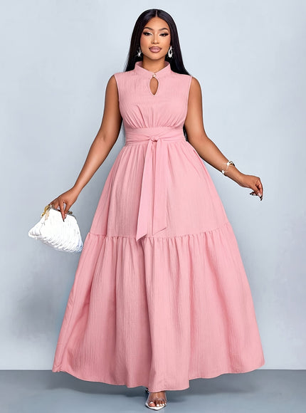 jkthpu-45 Plus Size, Cross-Border European & American Women's Elegant Solid Color Button Sleeveless Waistband Dress