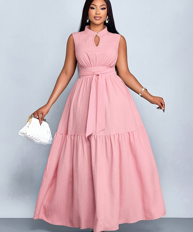 jkthpu-45 Plus Size, Cross-Border European & American Women's Elegant Solid Color Button Sleeveless Waistband Dress
