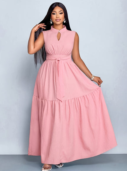 jkthpu-45 Plus Size, Cross-Border European & American Women's Elegant Solid Color Button Sleeveless Waistband Dress