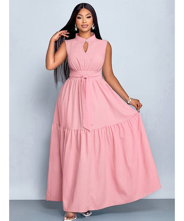 jkthpu-45 Plus Size, Cross-Border European & American Women's Elegant Solid Color Button Sleeveless Waistband Dress