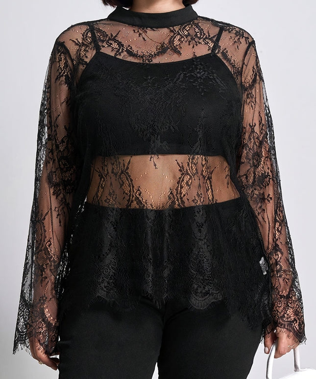 jkthpu-45 Plus Size, Curved Cut Large Size Women's Floral Lace Round Neck Long Sleeve Loose Elegant Romantic Sheer Blouse, Suitable for Autumn and Winter Outings, Christmas, New Year Women's Set Top, Curved Black Lace Long Sleeve Top