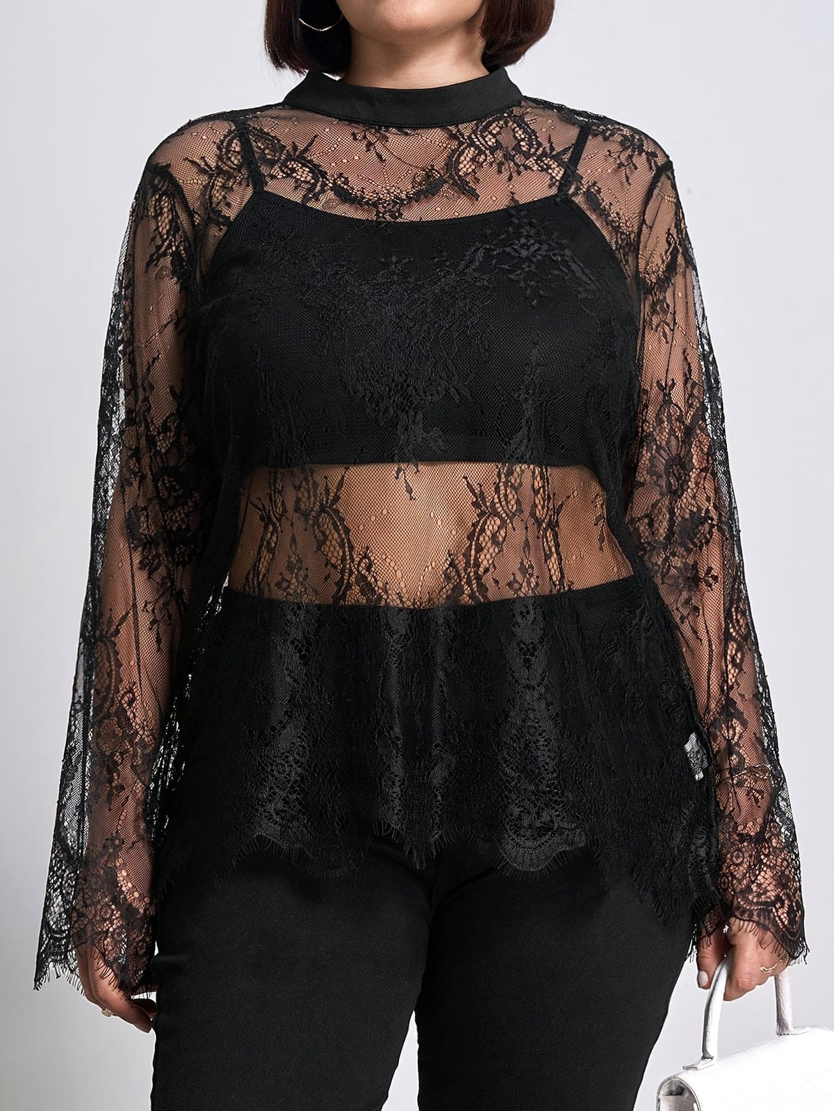 jkthpu-45 Plus Size, Curved Cut Large Size Women's Floral Lace Round Neck Long Sleeve Loose Elegant Romantic Sheer Blouse, Suitable for Autumn and Winter Outings, Christmas, New Year Women's Set Top, Curved Black Lace Long Sleeve Top
