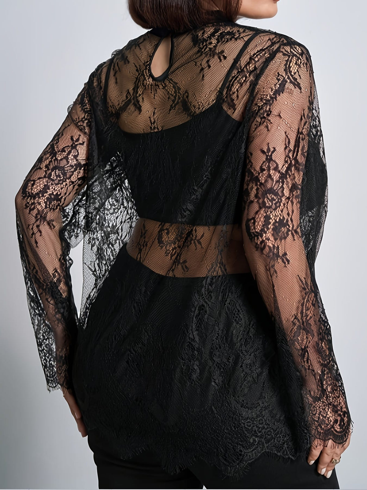 jkthpu-45 Plus Size, Curved Cut Large Size Women's Floral Lace Round Neck Long Sleeve Loose Elegant Romantic Sheer Blouse, Suitable for Autumn and Winter Outings, Christmas, New Year Women's Set Top, Curved Black Lace Long Sleeve Top