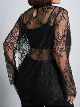 jkthpu-45 Plus Size, Curved Cut Large Size Women's Floral Lace Round Neck Long Sleeve Loose Elegant Romantic Sheer Blouse, Suitable for Autumn and Winter Outings, Christmas, New Year Women's Set Top, Curved Black Lace Long Sleeve Top