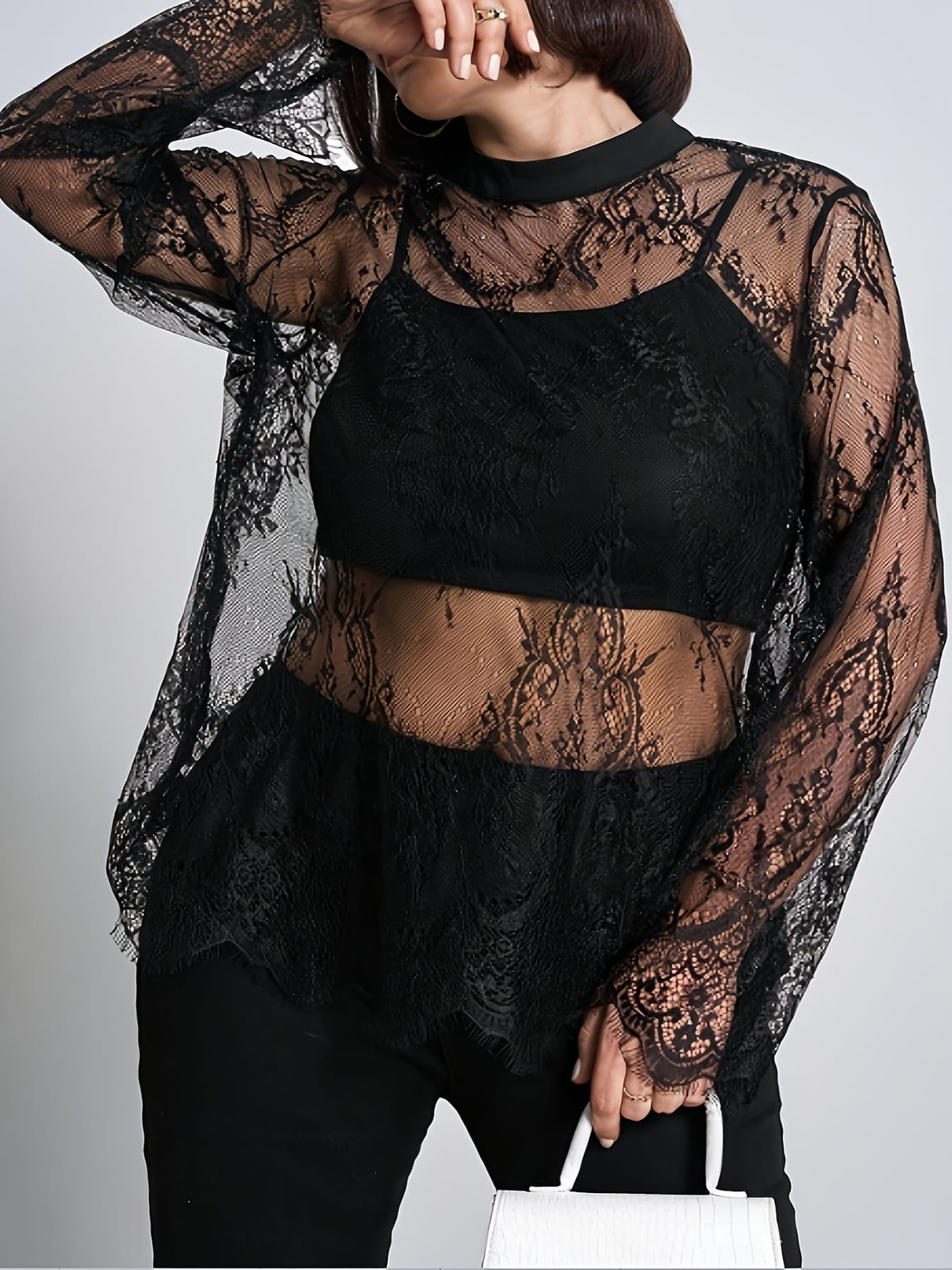 jkthpu-45 Plus Size, Curved Cut Large Size Women's Floral Lace Round Neck Long Sleeve Loose Elegant Romantic Sheer Blouse, Suitable for Autumn and Winter Outings, Christmas, New Year Women's Set Top, Curved Black Lace Long Sleeve Top