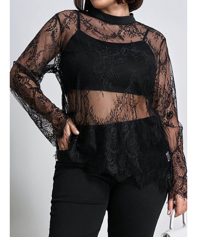 jkthpu-45 Plus Size, Curved Cut Large Size Women's Floral Lace Round Neck Long Sleeve Loose Elegant Romantic Sheer Blouse, Suitable for Autumn and Winter Outings, Christmas, New Year Women's Set Top, Curved Black Lace Long Sleeve Top