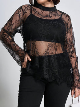 jkthpu-45 Plus Size, Curved Cut Large Size Women's Floral Lace Round Neck Long Sleeve Loose Elegant Romantic Sheer Blouse, Suitable for Autumn and Winter Outings, Christmas, New Year Women's Set Top, Curved Black Lace Long Sleeve Top