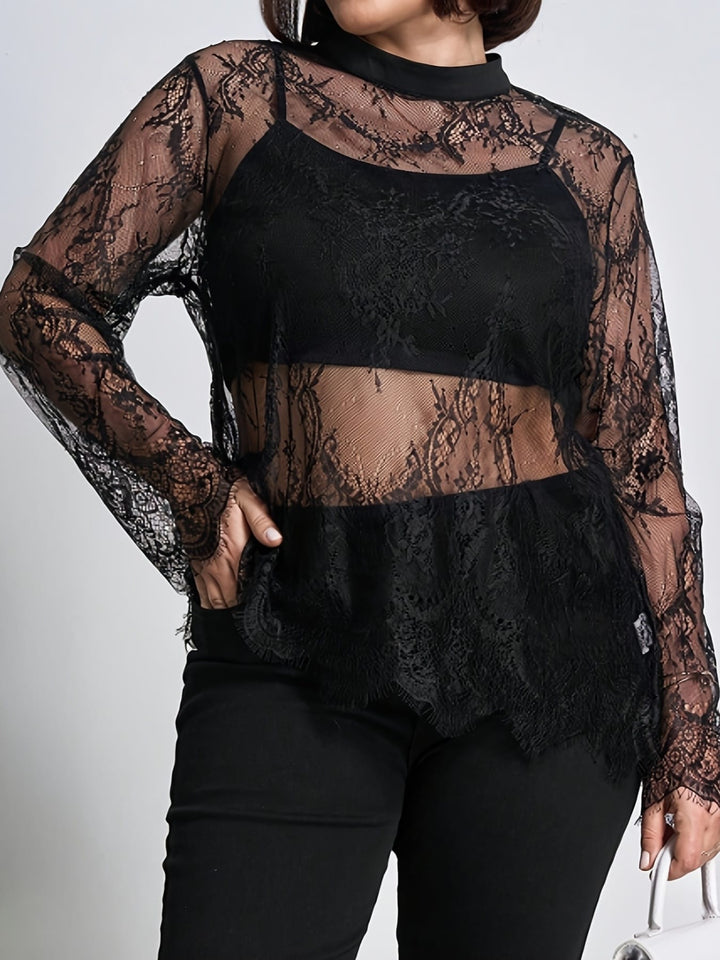 Plus Size, Curved Cut Large Size Women's Floral Lace Round Neck Long Sleeve Loose Elegant Romantic Sheer Blouse, Suitable for Autumn and Winter Outings, Christmas, New Year Women's Set Top, Curved Black Lace Long Sleeve Top
