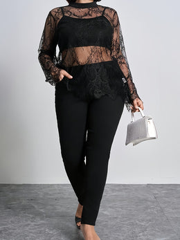 jkthpu-45 Plus Size, Curved Cut Large Size Women's Floral Lace Round Neck Long Sleeve Loose Elegant Romantic Sheer Blouse, Suitable for Autumn and Winter Outings, Christmas, New Year Women's Set Top, Curved Black Lace Long Sleeve Top