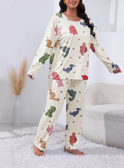 jkthpu-45 Plus Size Cute Dinosaur Print Long Sleeve Pajama