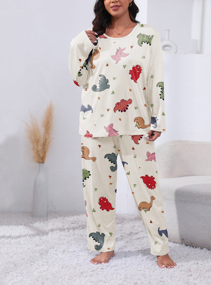 jkthpu-45 Plus Size Cute Dinosaur Print Long Sleeve Pajama