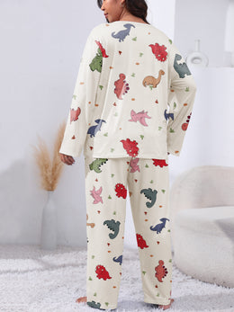 jkthpu-45 Plus Size Cute Dinosaur Print Long Sleeve Pajama