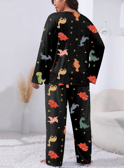 jkthpu-45 Plus Size Cute Dinosaur Print Long Sleeve Pajama