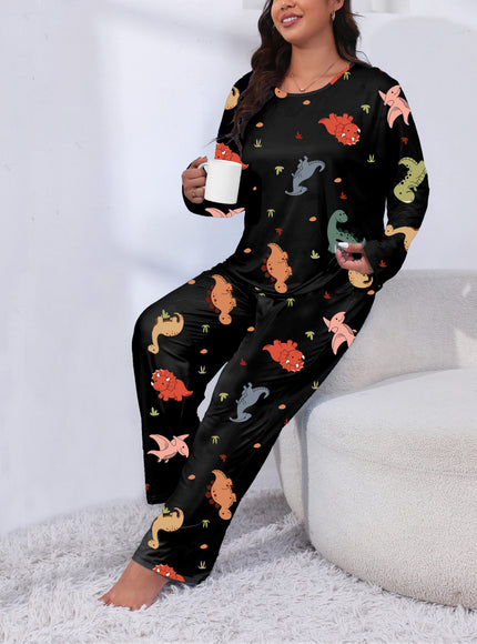 jkthpu-45 Plus Size Cute Dinosaur Print Long Sleeve Pajama