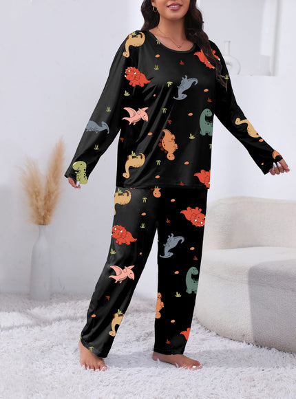 jkthpu-45 Plus Size Cute Dinosaur Print Long Sleeve Pajama