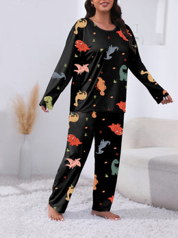 jkthpu-45 Plus Size Cute Dinosaur Print Long Sleeve Pajama