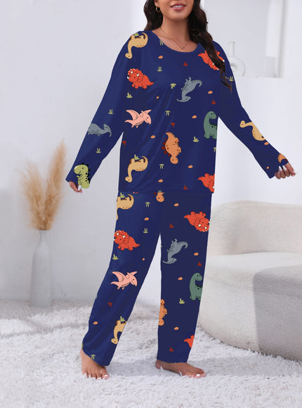 jkthpu-45 Plus Size Cute Dinosaur Print Long Sleeve Pajama