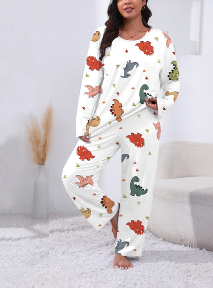 jkthpu-45 Plus Size Cute Dinosaur Print Long Sleeve Pajama