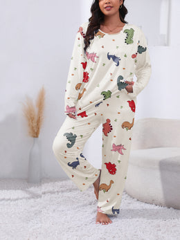 jkthpu-45 Plus Size Cute Dinosaur Print Long Sleeve Pajama