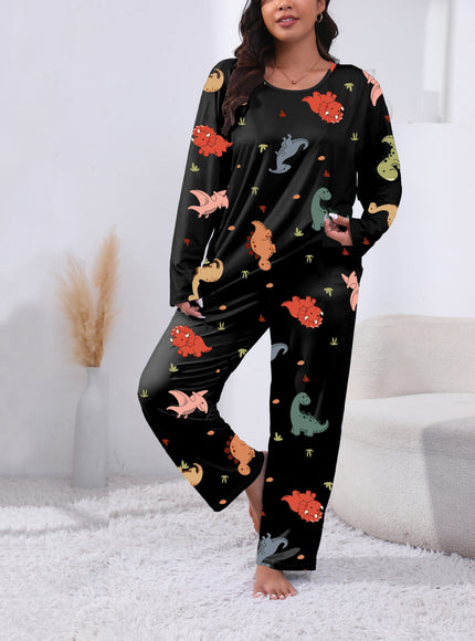 jkthpu-45 Plus Size Cute Dinosaur Print Long Sleeve Pajama