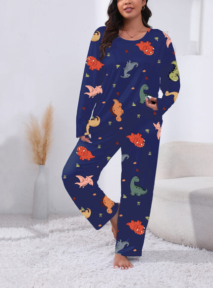 jkthpu-45 Plus Size Cute Dinosaur Print Long Sleeve Pajama