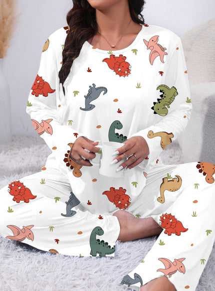 jkthpu-45 Plus Size Cute Dinosaur Print Long Sleeve Pajama