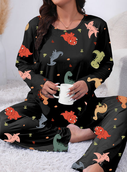 jkthpu-45 Plus Size Cute Dinosaur Print Long Sleeve Pajama