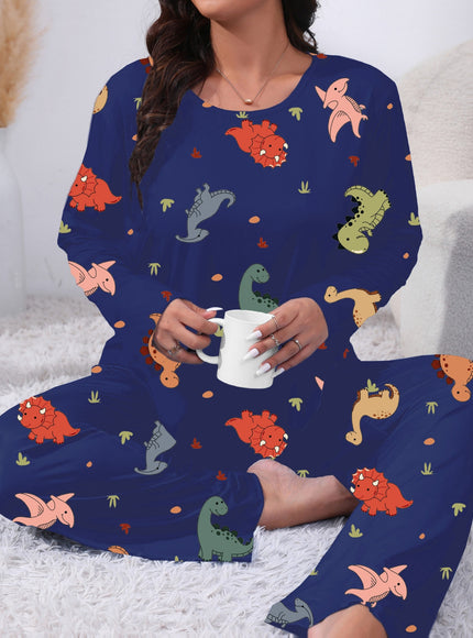 jkthpu-45 Plus Size Cute Dinosaur Print Long Sleeve Pajama
