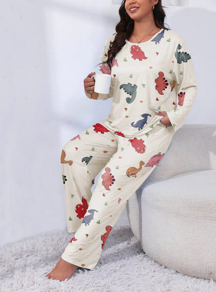 jkthpu-45 Plus Size Cute Dinosaur Print Long Sleeve Pajama
