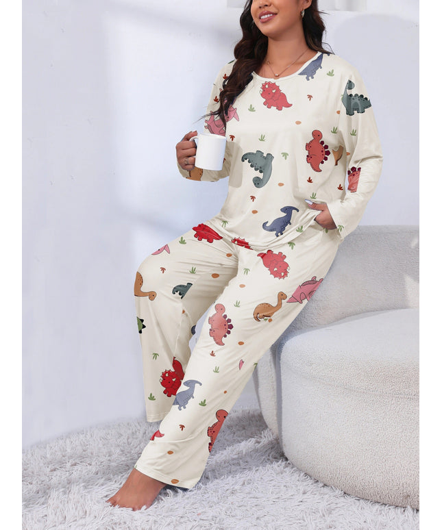 jkthpu-45 Plus Size Cute Dinosaur Print Long Sleeve Pajama