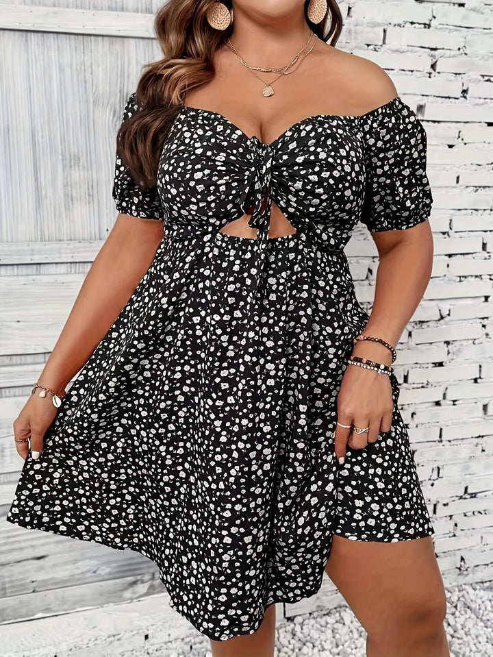 Plus Size Cutout Dress with Bold All Over Print - Flattering Off Shoulder Style - Comfortable Short Sleeves - Perfect for Casual Wear - Womens Fashion Plus Size Clothing